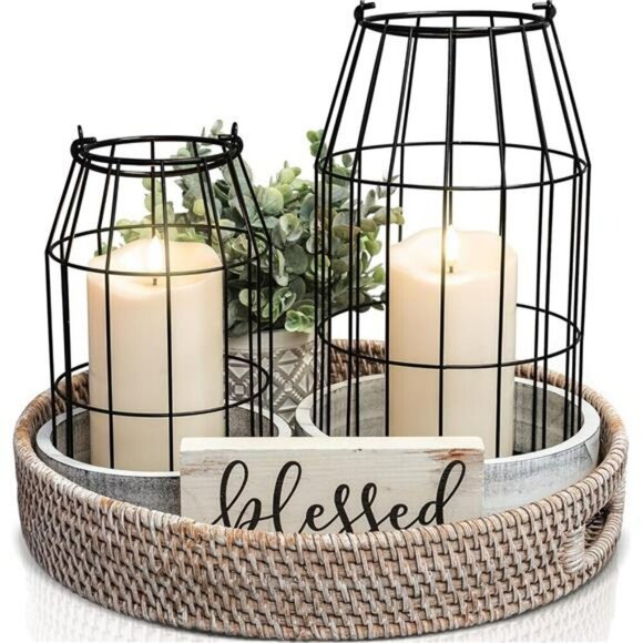 Rustic Farmhouse Lanterns Set of 2 White Metal Candle Holders Home - Picture 1 of 7